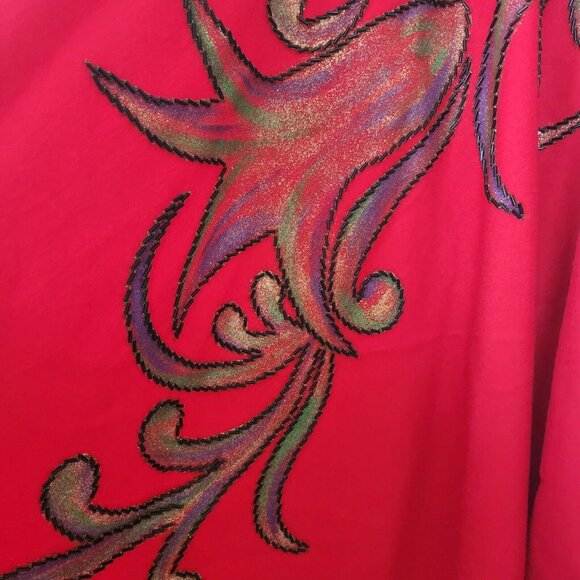 Vintage Handmade Wool Red Beaded Poncho Shawl Long Flowy Geometric Floral - Picture 4 of 13